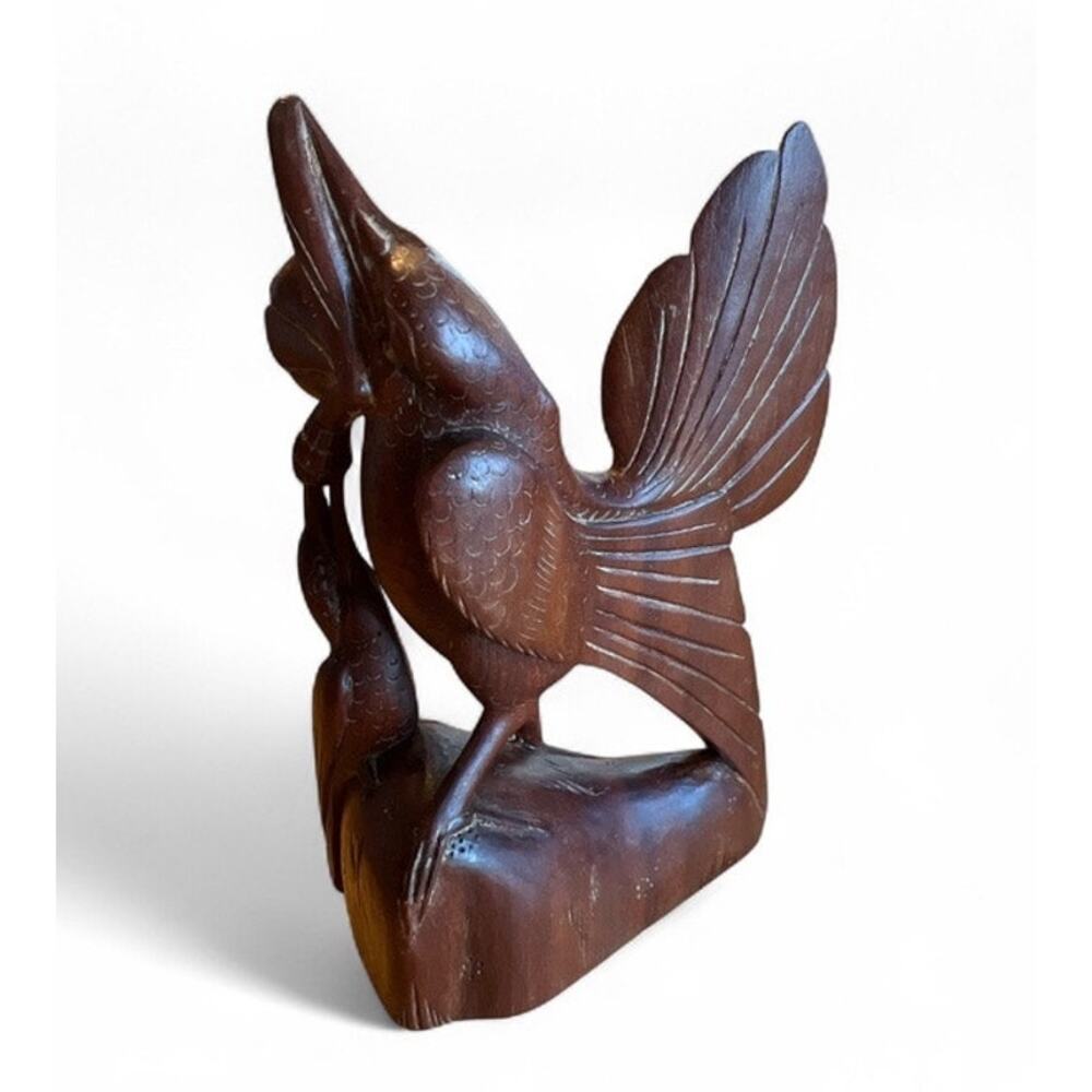 Vtg Hand Carved Wooden Bird Feeding Baby Flowers Gallery Nature Gift Sweet Decor